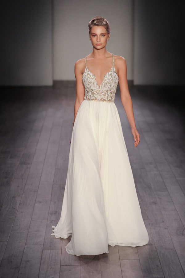 Hayley Paige Teresa 6609 Wedding Dress Sample Sale - A-line chiffon style dress with celestial beaded bodice, V-neckline and T-strap back.