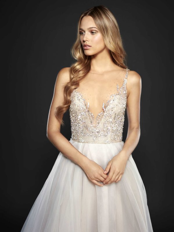 Hayley Paige Kenny 6701 Wedding Dress Sample Sale - A line style dress with illusion bodice, V-neckline beaded detail, open net back and full organza skirt with slit.