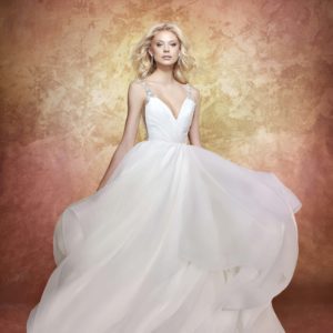 Hailey Paige Dare 6704 Wedding Dress Sample Sale - Ballgown draped dress with curved V-neckline, beaded straps detail on front and back, open back and cascading skirt.