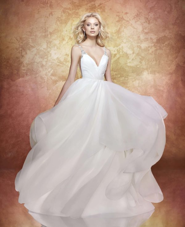 Hailey Paige Dare 6704 Wedding Dress Sample Sale - Ballgown draped dress with curved V-neckline, beaded straps detail on front and back, open back and cascading skirt.