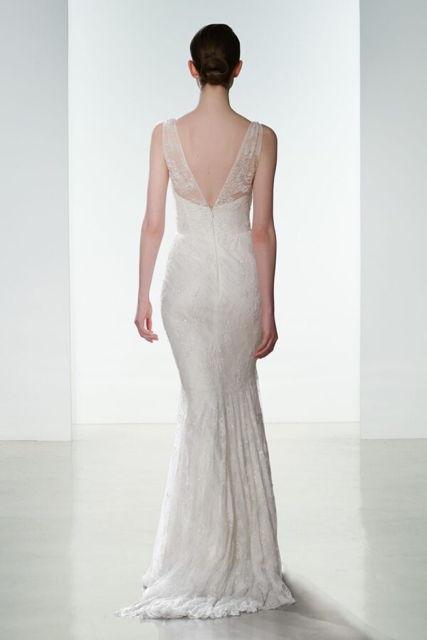 Christos Mila Wedding Dress - Illusion sleeveless V neck beaded Chantilly lace gown with white crystal shimmer and a low back.