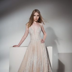 Birenzweig BRC9-21 Wedding Dress - A Line dress that features a deep v-neckline, open low back delicate straps and linear sequins throughout dress.