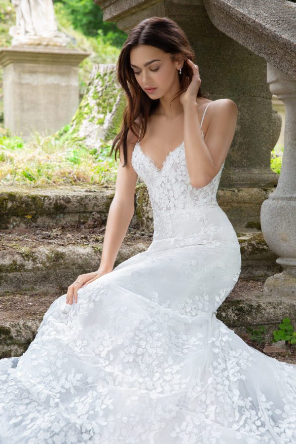 Lazaro Milena 3853 Wedding Dress - A-line petal style dress with sweetheart neckline, open back, sheer bodice, thin spaghetti straps, and chapel train.