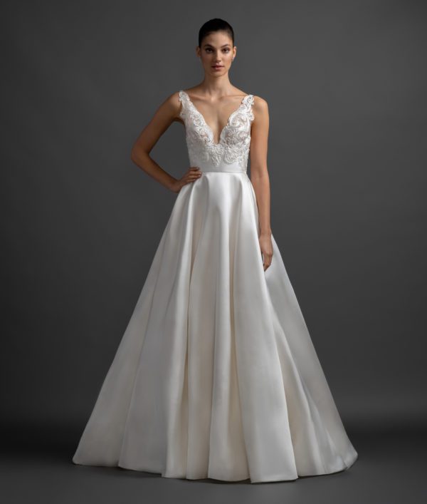 Lazaro Rafaela 3905 Wedding Dress - Ballgown style dress in silk mikado with V-neckline in front and back, lace fitted bodice and stunning chapel train.