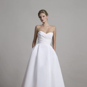 Liancarlo 6868 Wedding Dress Sample Sale - Ballgown style dress with silk Faille, draped shirred bodice, sweetheart strapless neckline, and side pockets.