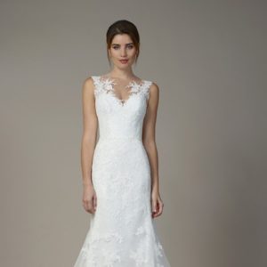 Liancarlo 7806 Wedding Dress Sample Sale - Alencon lace wedding dress featuring tulle over sequins as a sleeveless mermaid gown with illusion neckline.