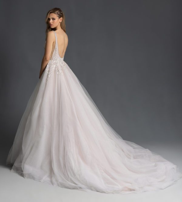 Hayley Paige Lauren 6950 Wedding Dress - A Line style dress with low scoop back and rhinestone trim, full skirt with layered starlight sparkle tulle.