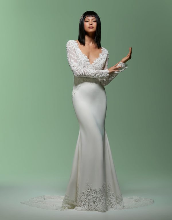 Lazaro Marilyn 32007 Wedding dress Sample Sale - Fit and flare V-neckline with covered back, beaded lace bodice, long fitted sleeve and Chapel train.