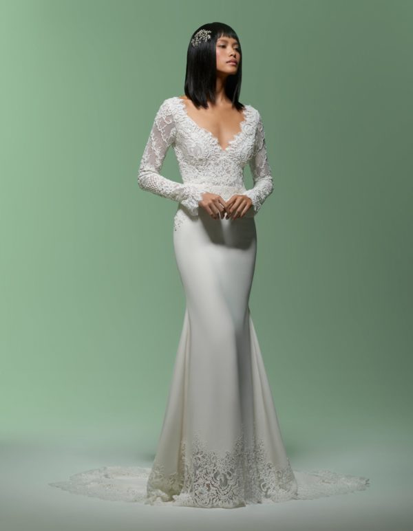 Lazaro Marilyn 32007 Wedding dress Sample Sale - Fit and flare V-neckline with covered back, beaded lace bodice, long fitted sleeve and Chapel train.