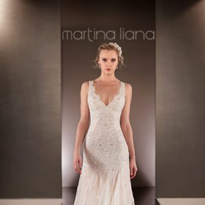 Martina Liana 595 Wedding Dress Sample Sale - Fit and flare lace with sheer beaded shoulder straps, v neckline and, a horizontal strap across the back.