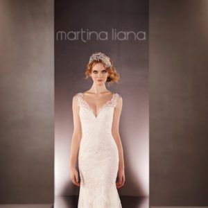 Martina Liana 675 Wedding Dress Sample Sale - Fit and flare dress featuring a low sweetheart neckline, lace shoulder straps and lace illusion back.