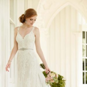 Martina Liana 745 Wedding Dress Sample Sale - A line with lace and tulle, sweetheart neckline with spaghetti straps, open back and belt detail.
