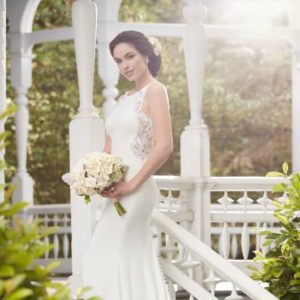 Martina Liana 782 Wedding Dress Sample Sale - Sleek wedding dress with high neckline, hand-embroidered lace detailing and beading. Illusion-lace racerback.