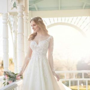 Martina Liana 840 Wedding Dress Sample Sale - A Line style featuring a deep V-neckline, lace bodice, off-the-shoulder with long, illusion lace sleeves.