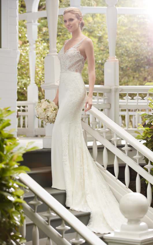 Martina Liana 845 Wedding Dress Sample Sale - Fit and flare dress featuring a V neckline, sheer lace bodice with illusion details, straps and crepe skirt.