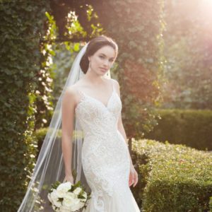 Martina Liana 852 Wedding Dress Sample Sale - Fit and flare, hand embroidered lace, beading, tulle beaded straps, sweetheart neckline and pearl button back.