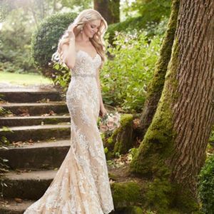 Martina Liana 859 Wedding Dress Sample Sale - Lace fit and flare style with sweetheart neckline and tulle over satin lace in a nude "honey" color.