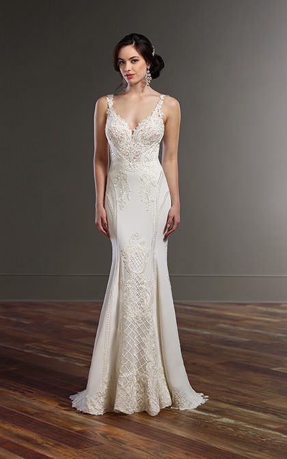 Martina Liana 862 Wedding Dress - Fit and flare crepe style dress featuring a low back silhouette, sheer bodice detail with scoop neck and straps.