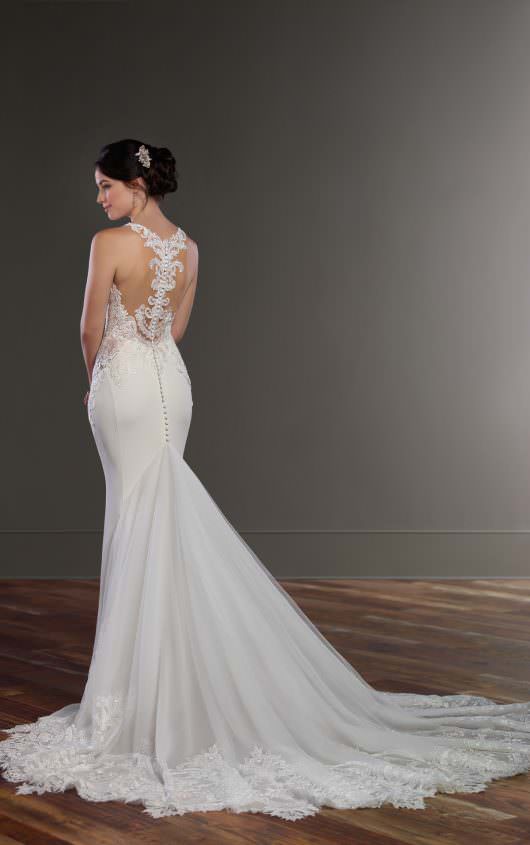 Martina Liana 873 Wedding Dress Sample Sale - Fit and flare dress with an illusion racerback, featuring a high neckline with lace illusion and Crepe bodice.