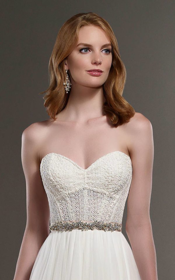 Martina Liana Cate Wedding Dress Sample Sale - Cate corset top wedding dress featuring linear lace and sweetheart neckline and a back zipper.