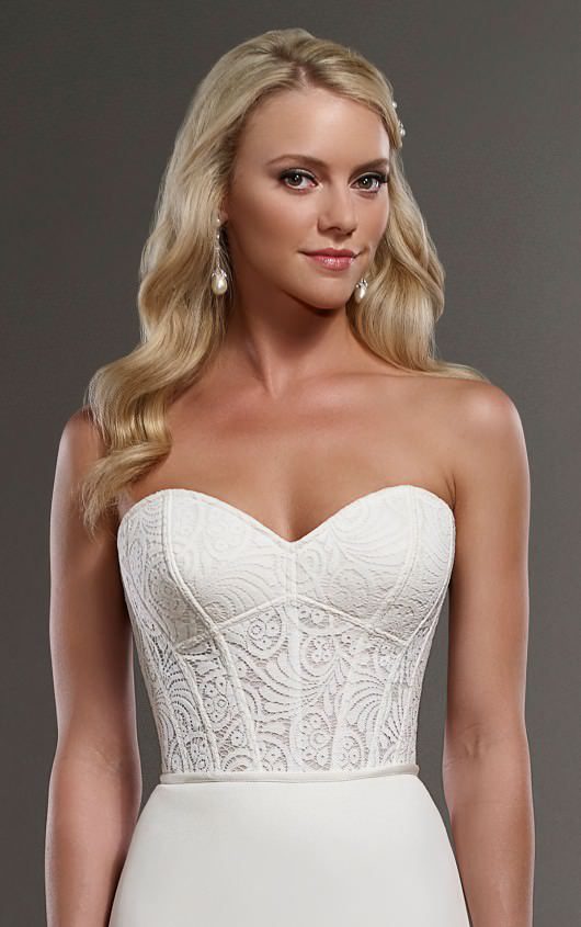 Martina Liana Cora Wedding Dress Sample Sale - Strapless sweetheart neckline wedding dress featuring elegant, fine lace with zipper back.