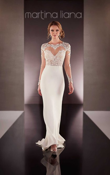 Martina Liana 690 Wedding Dress Sample Sale - Sheath with allover guipure lace on illusion tulle, fitted bodice, sweetheart neckline, and long sleeves.
