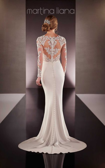 Martina Liana 690 Wedding Dress Sample Sale - Sheath with allover guipure lace on illusion tulle, fitted bodice, sweetheart neckline, and long sleeves.