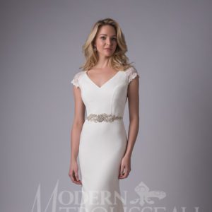 Modern Trousseau Jacqueline Wedding Dress Sample Sale - Fit and flare style dress with V-neckline in Italian crepe, alencon lace cap sleeves and see-through lace back.