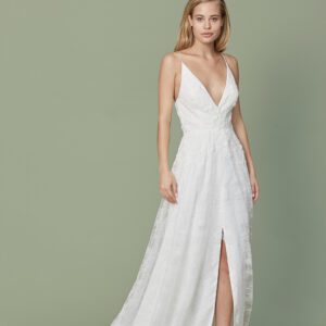 Christos Malia T389 Wedding Dress Sample Sale - Slim lace V neck bridal gown with floral crystal appliqué on bodice and a laced back detail.