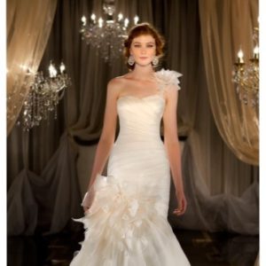 Martina Liana 413 Wedding Dress Sample Sale - Mermaid style dress in silk organza with detachable shoulder straps. Hand-cut floral accents on low hip. 