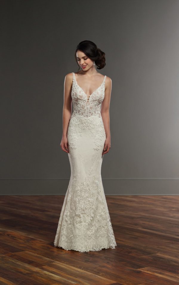 Martina Liana 888 Wedding Dress Sample Sale - Mermaid dress with a stunning lunging V-neckline, lace illusion bodice with allover lace detail and straps.