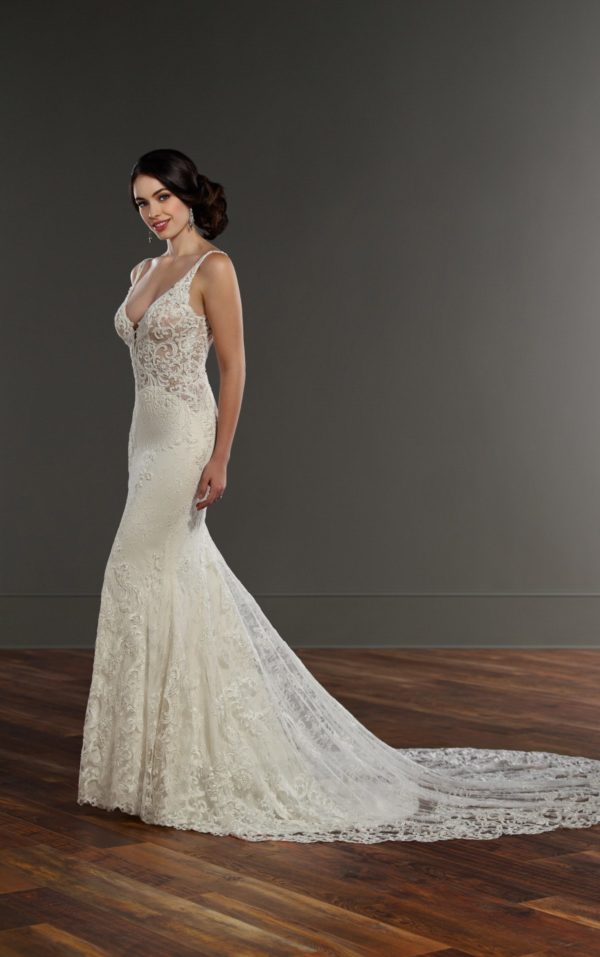 Martina Liana 888 Wedding Dress Sample Sale - Mermaid dress with a stunning lunging V-neckline, lace illusion bodice with allover lace detail and straps.