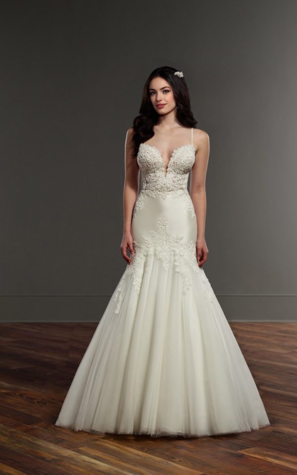 Martina Liana 906 Wedding Dress Sample Sale - Textured Mermaid style dress with low plunging neckline and a scalloped lace edge, straps and, elegant train.