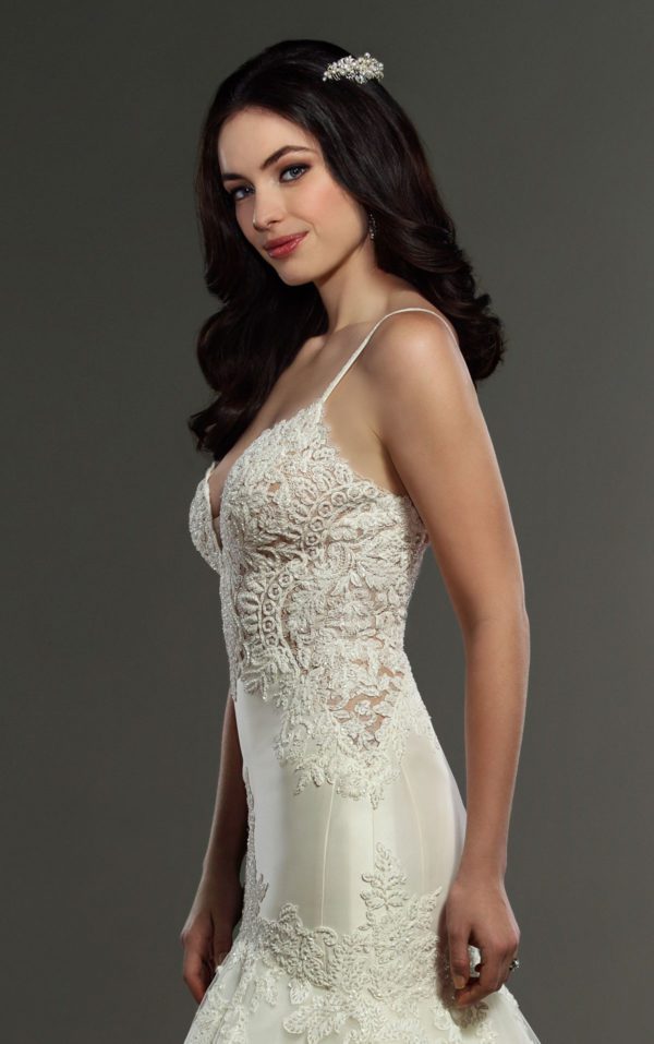 Martina Liana 906 Wedding Dress Sample Sale - Textured Mermaid style dress with low plunging neckline and a scalloped lace edge, straps and, elegant train.