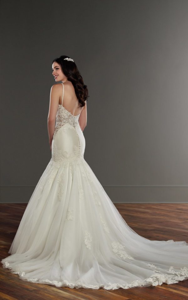 Martina Liana 906 Wedding Dress Sample Sale - Textured Mermaid style dress with low plunging neckline and a scalloped lace edge, straps and, elegant train.