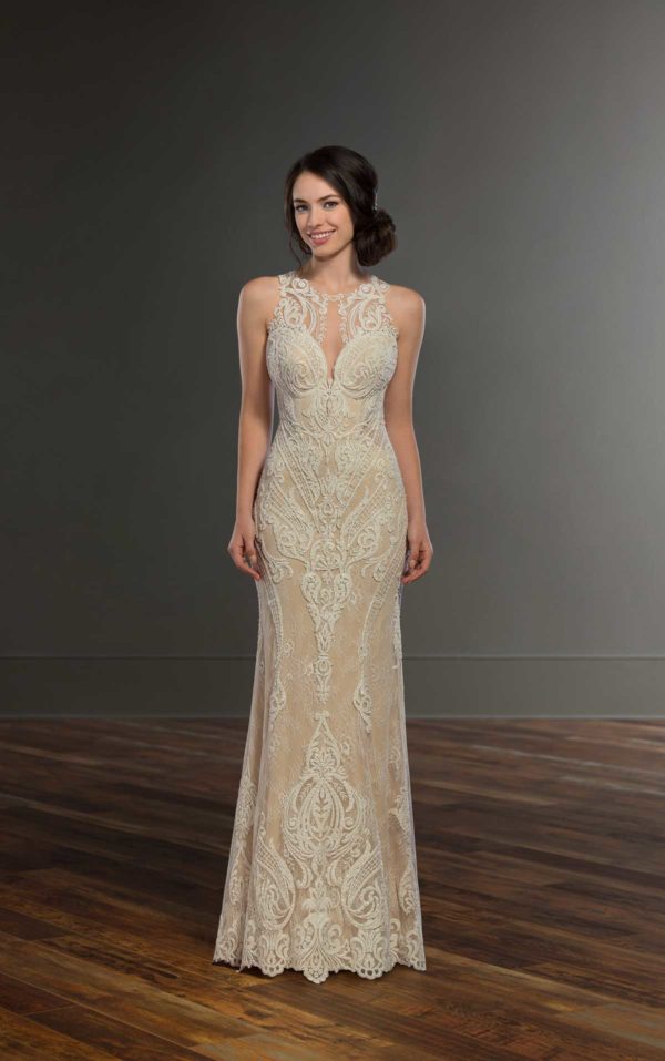 Martina Liana 948 Wedding Dress Sample Sale - A gorgeous Fit and flare gown with a high halter illusion neckline, sweetheart neck, and illusion back.