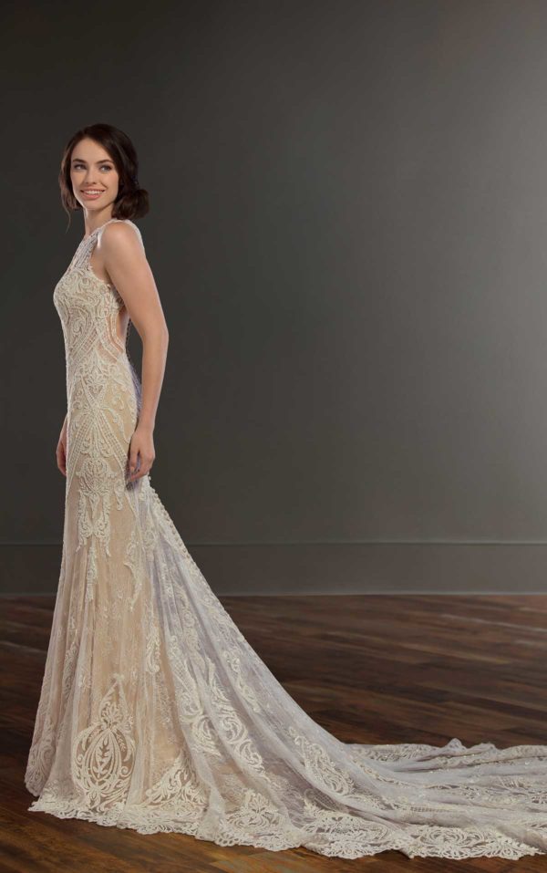 Martina Liana 948 Wedding Dress Sample Sale - A gorgeous Fit and flare gown with a high halter illusion neckline, sweetheart neck, and illusion back.