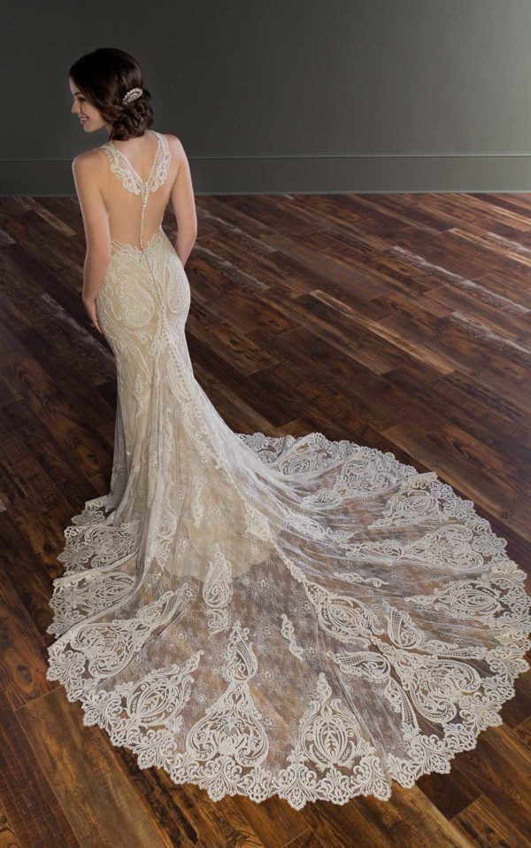 Martina Liana 948 Wedding Dress Sample Sale - A gorgeous Fit and flare gown with a high halter illusion neckline, sweetheart neck, and illusion back.