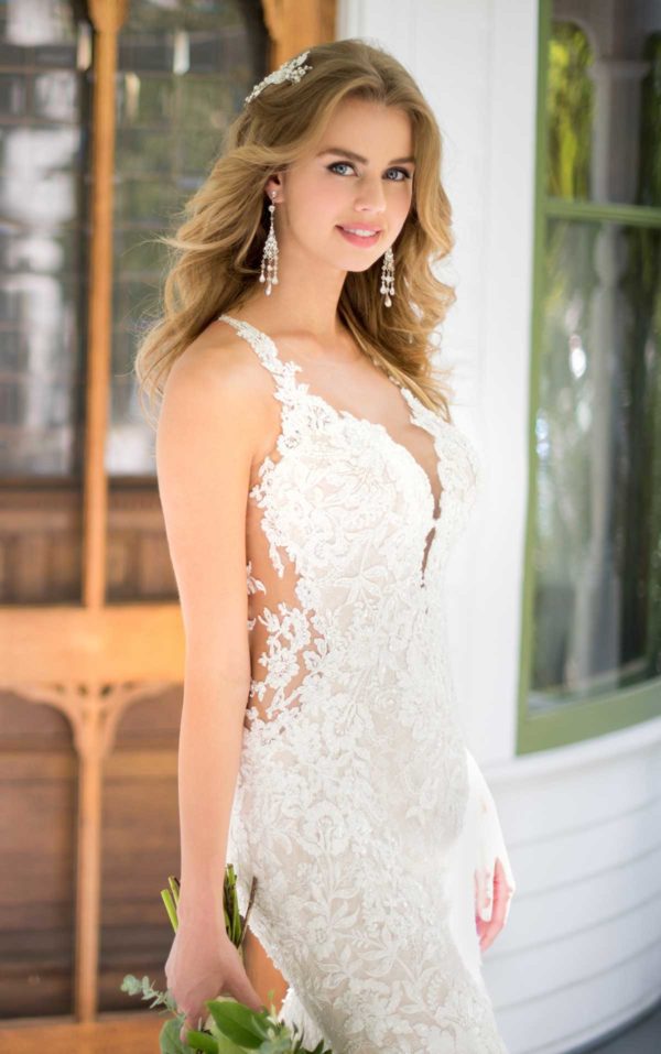 Martina Liana 967 wedding Dress Sample Sale - Fit and flare style dress with thin straps, deep V- neckline and allover illusion floral embroidery.