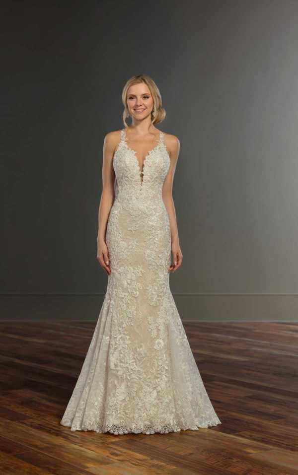 Martina Liana 967 wedding Dress Sample Sale - Fit and flare style dress with thin straps, deep V- neckline and allover illusion floral embroidery.