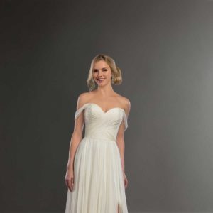 Martina Liana 994 Wedding Dress Sample Sale - A gorgeous modified A-line with off the shoulder straps, a sweetheart neckline, rushed bodice and front slit.