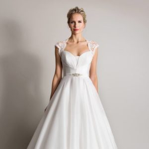 Suzanne Neville Melody Wedding Dress Sample Sale - Satin, organza and tulle ballgown dress with Italian corded lace bodice, belt detail and delicate back with buttons.