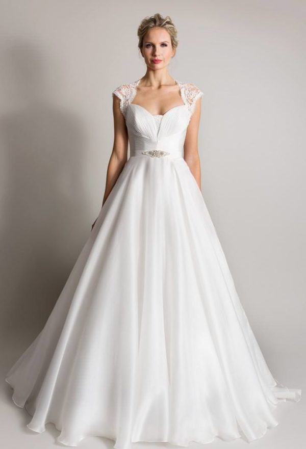 Suzanne Neville Melody Wedding Dress Sample Sale - Satin, organza and tulle ballgown dress with Italian corded lace bodice, belt detail and delicate back with buttons.
