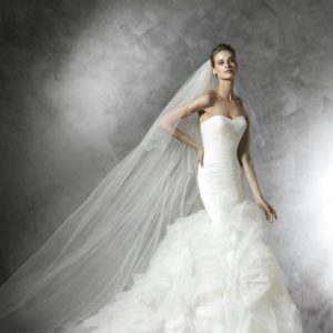Pronovias Mildred Wedding Dress Sample Sale - Mermaid dress with hand-folded drapery, sparkling white fitted bodice, sweetheart neckline and ruffle skirt.