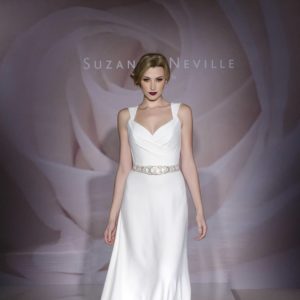 Suzanne Neville Moonlight Wedding Dress - A line crepe dress with a ruched bodice, sweetheart neckline, belt detail and delicate straps.