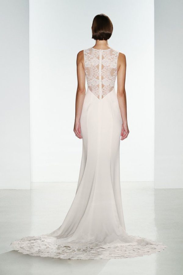 Amsale Aberra Myka Wedding Dress Sample Sale - A Line style dress with a beautiful illusion bodice, sheer lace back and lace appliqués train.