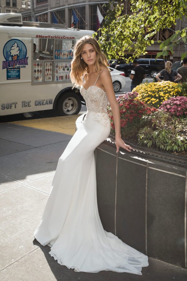 Netta benshabu Dawn Wedding Dress - Fit and flare style dress with beaded top, sweetheart neckline, spaghetti straps, and crepe skirt gown.