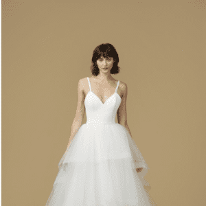 Amsale Mischa Wedding Dress Sample Sale - Ballgown style with a gorgeous V-neckline, spaghetti straps, crepe bodice and layered tulle skirt.