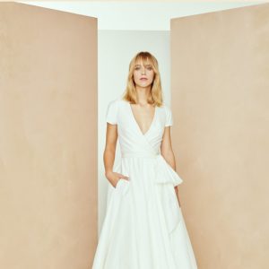 Amsale Aberra Nic Wedding Dress Sample Sale - A-line dress with a gorgeous light taffeta short sleeve wrap, illusion back and hand-appliqued lace.