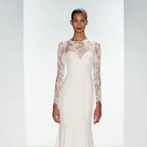 Amsale Aberra Noelle Wedding Dress Sample Sale - A Line style dress with illusion long sleeve, sweetheart neckline, elegant lace bodice and crepe skirt.